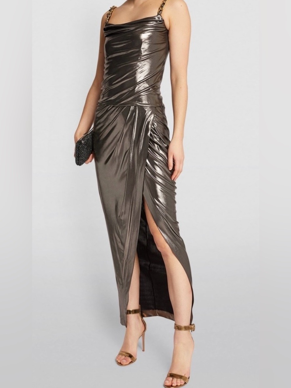 BALMAIN DARK SILVER METALLIC MAXI DRESS WITH GOLD CHAINS